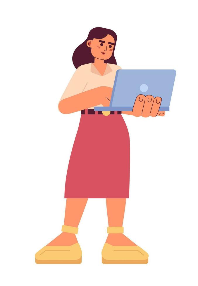 negocio mujer participación ordenador portátil semi plano vistoso vector personaje. profesor mujer con cuaderno de pie. editable lleno cuerpo persona en blanco. sencillo dibujos animados Mancha ilustración para web gráfico diseño