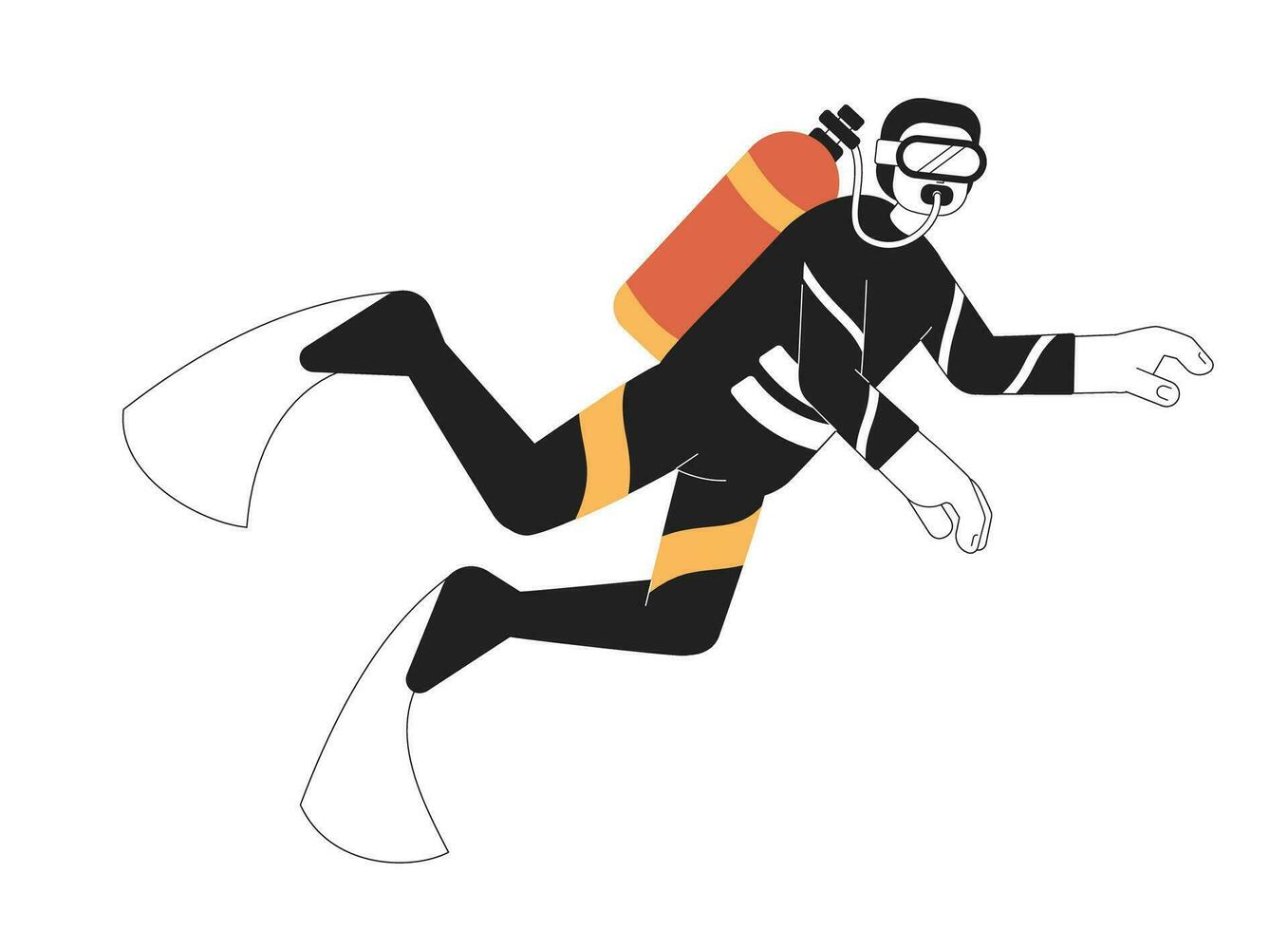 Male scuba diver swimming underwater monochromatic flat vector character. Snorkeling man. Diving class. Editable thin line full body person on white. Simple bw cartoon spot image for graphic design