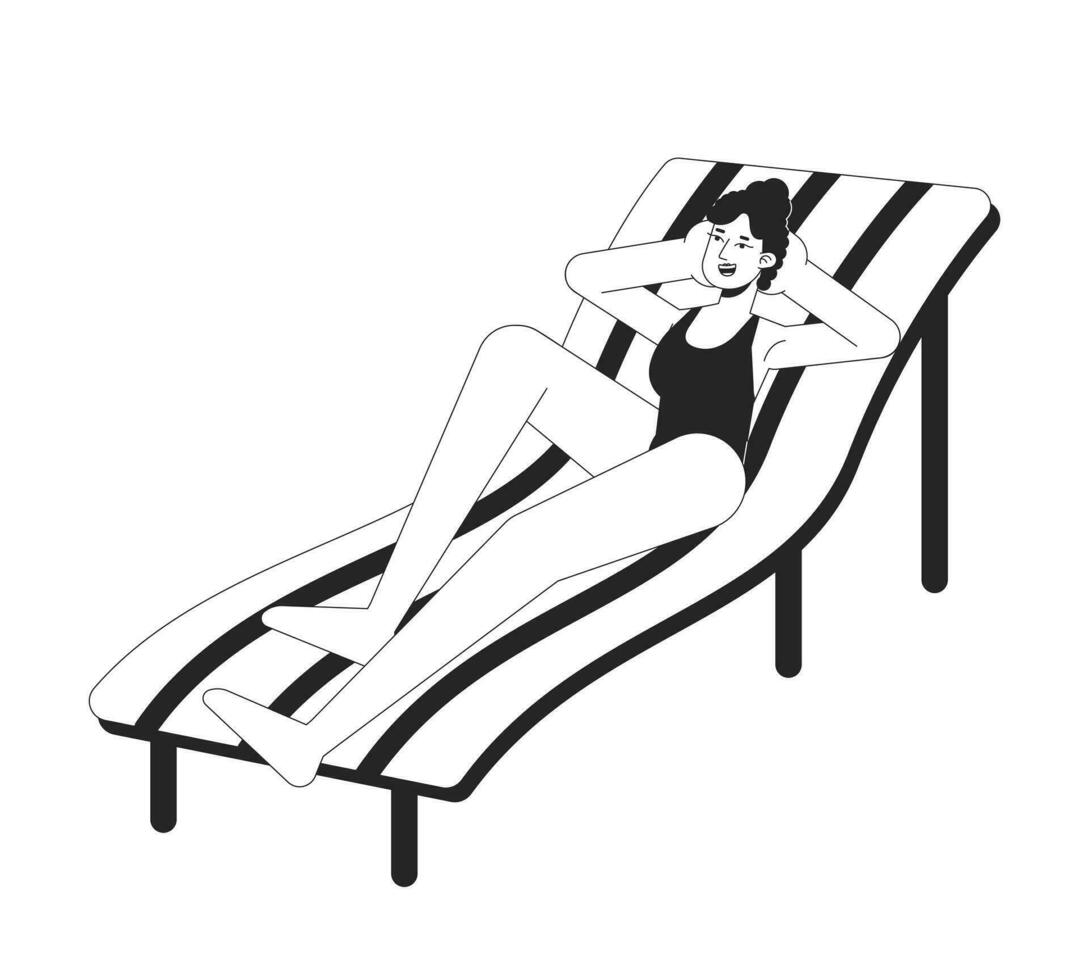 Swimsuit woman lying on deck chair flat line black white vector character. Editable outline full body person. Sunbathing girl on chaise longue simple cartoon isolated spot illustration for web design