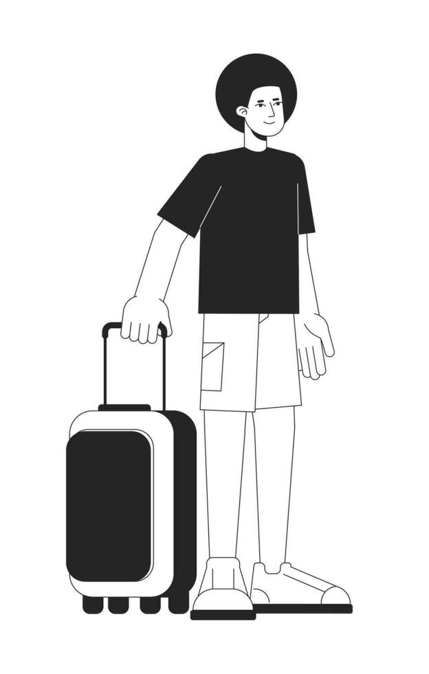 Afro hair man holding baggage flat line black white vector character. Editable outline full body person. Traveler standing with luggage simple cartoon isolated spot illustration for web graphic design