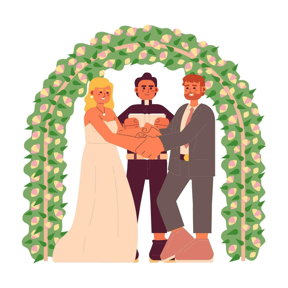 Catholic wedding vows flat concept vector spot illustration. Wedding couple holding hands 2D cartoon characters on white for web UI design. Church ceremony isolated editable creative hero image