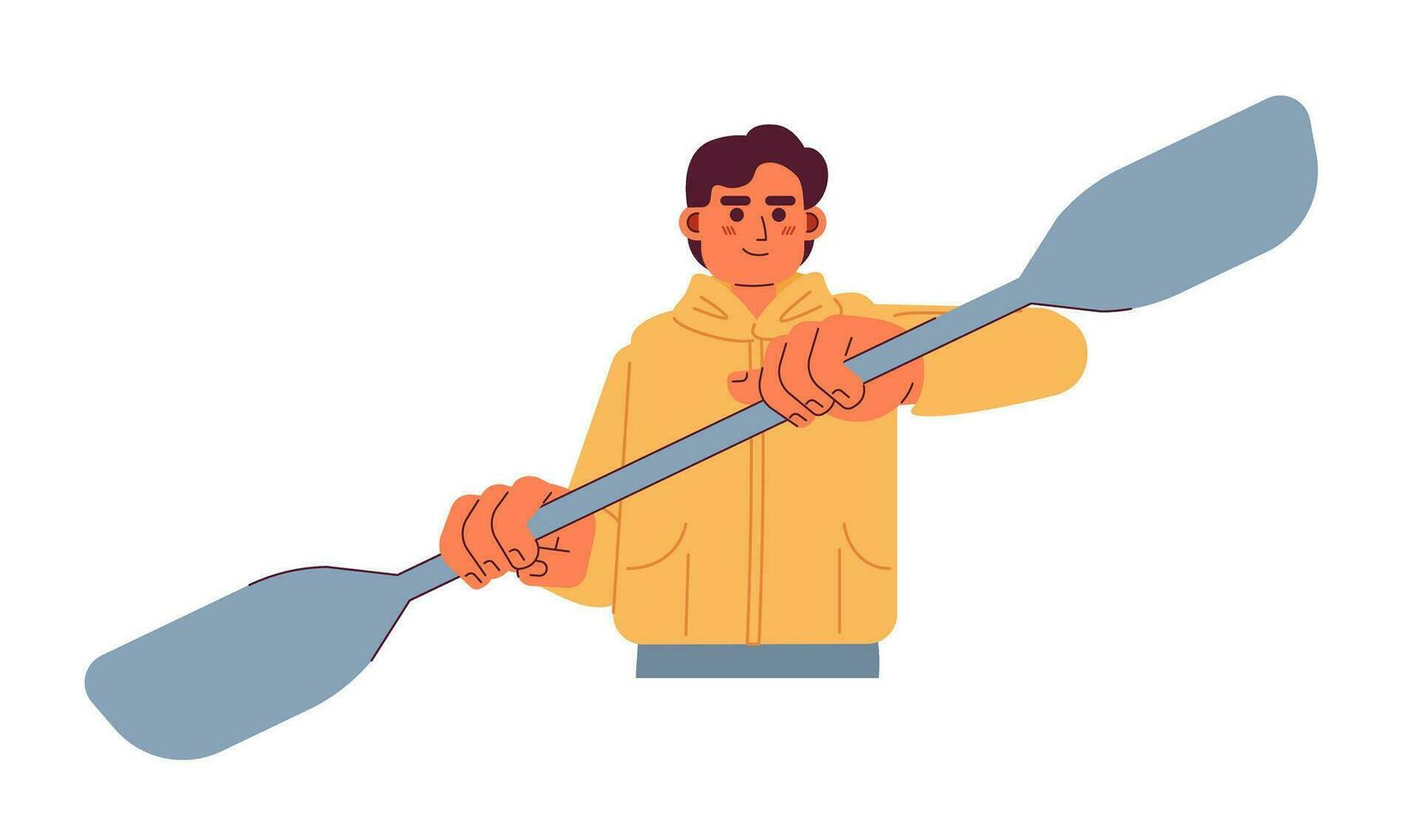 Young man rowing with kayak paddle semi flat colorful vector character. Caucasian male kayaker paddling. Editable half body person on white. Simple cartoon spot illustration for web graphic design