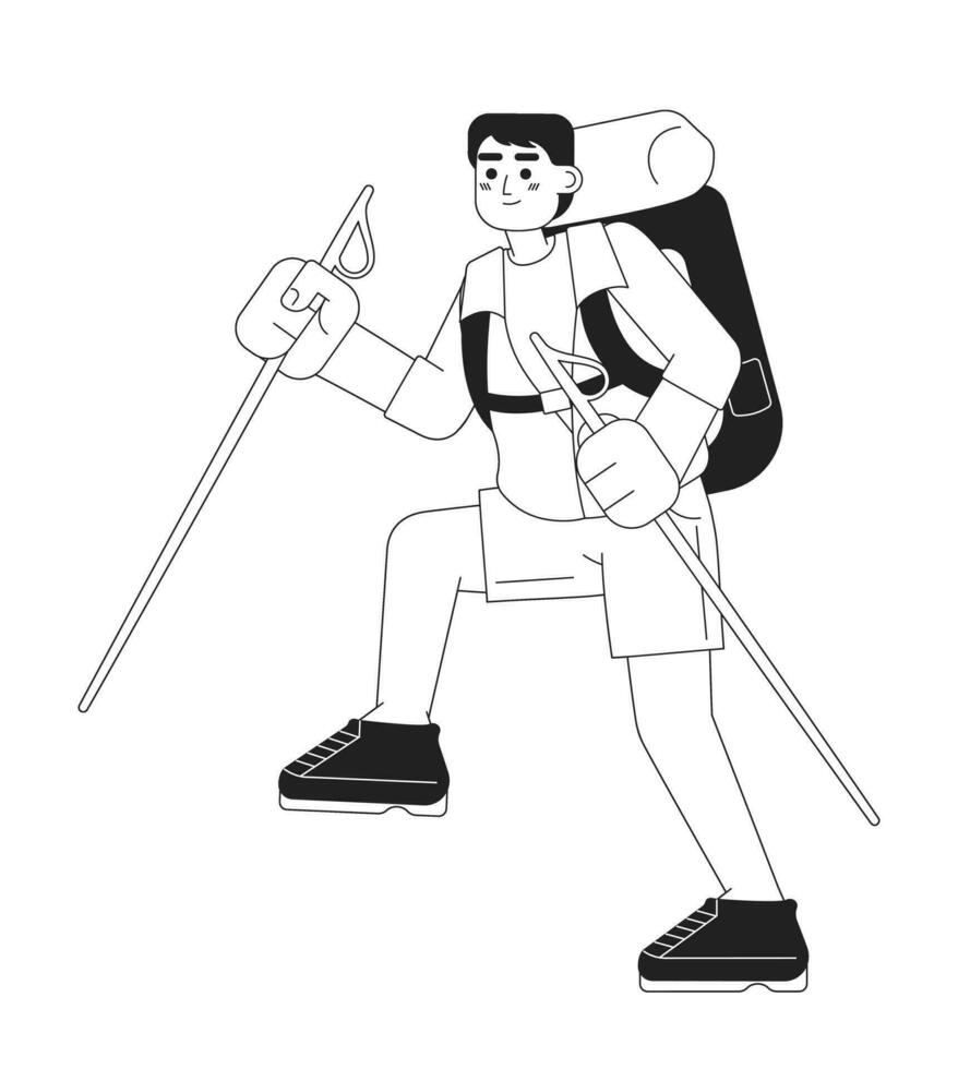 Asian young male hiker climber with trekking poles monochromatic flat vector character. Tourist guy. Editable thin line full body person on white. Simple bw cartoon spot image for web graphic design