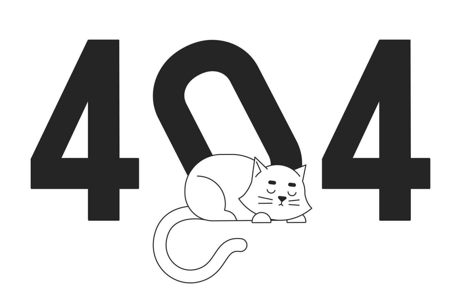 Sleeping white cat black white error 404 flash message. Tilted zero number. Lazy cat. Monochrome empty state ui design. Page not found popup cartoon image. Vector flat outline illustration concept