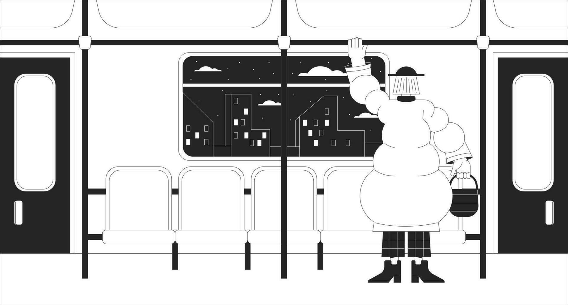 Suburban railway passenger black and white lo fi chill wallpaper. Female metro passenger stands in train 2D vector cartoon character illustration, minimalism background. 80s retro album art, line art