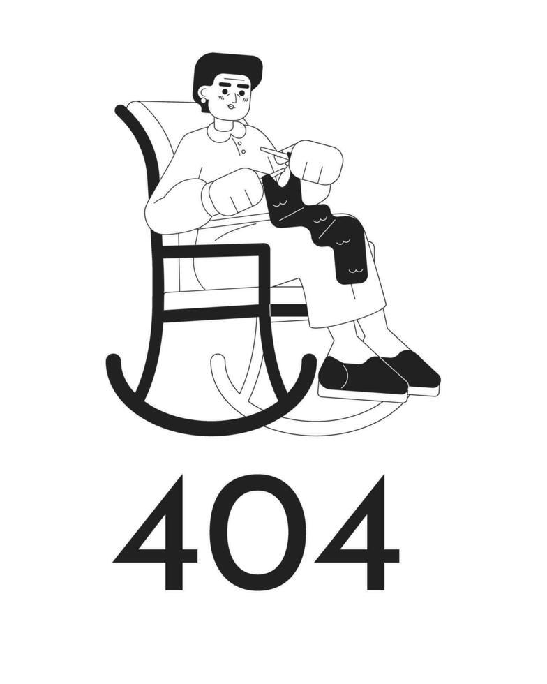 Granny knitting vector bw empty state illustration. Editable 404 not found page for UX, UI design. Grandmother in rocking chair isolated flat monochromatic character on white. Error flash message