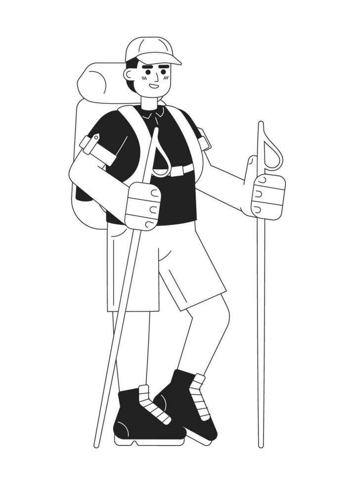 masculino mochilero con trekking polos monocromo plano vector personaje. contento hombre con excursionismo personal. editable Delgado línea lleno cuerpo persona en blanco. sencillo bw dibujos animados Mancha imagen para web gráfico diseño