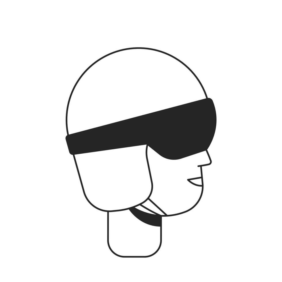 Happy adult skier wearing ski helmet monochrome flat linear character head. Winter sport athlete. Editable outline hand drawn human face icon. 2D cartoon spot vector avatar illustration for animation