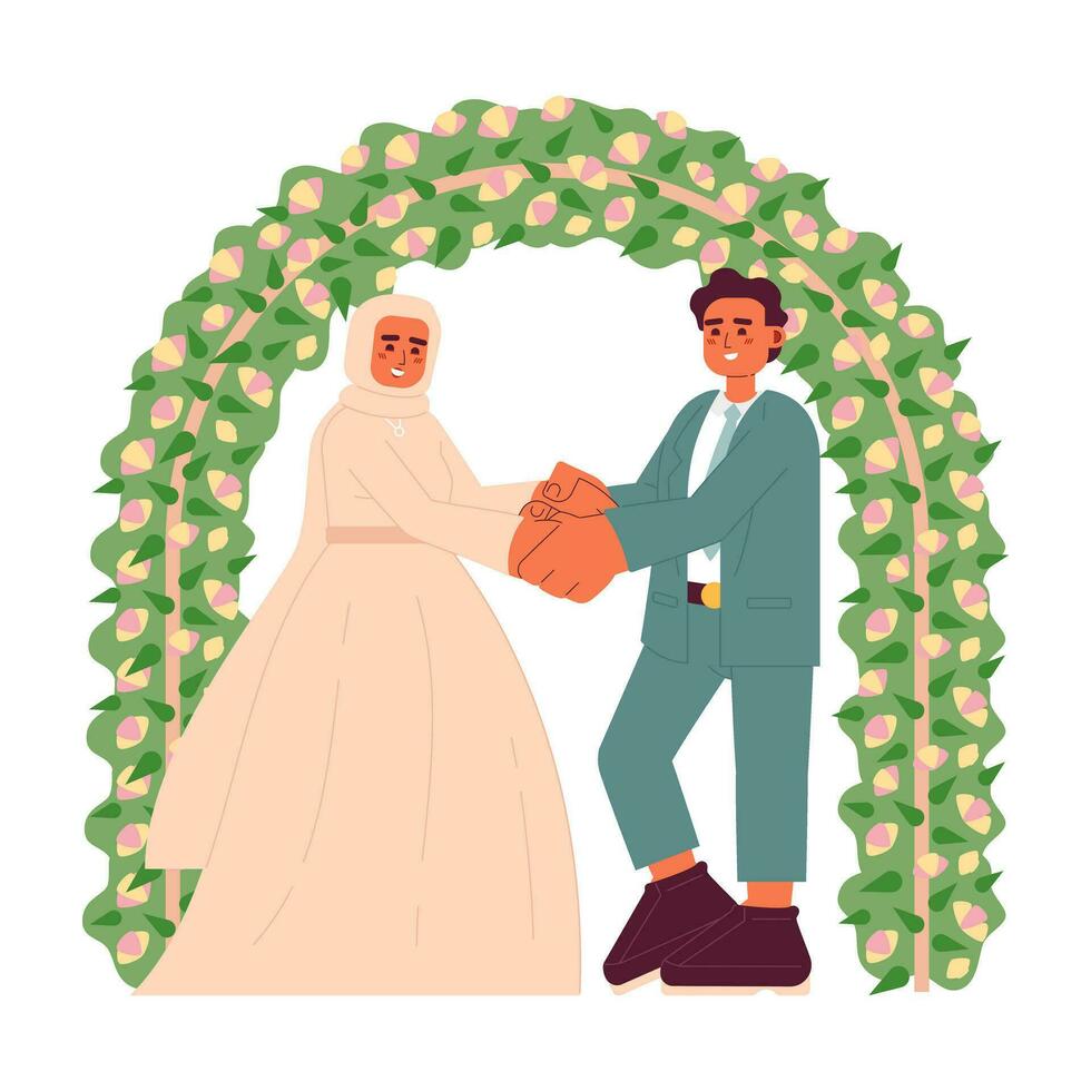 malayo Boda plano concepto vector Mancha ilustración. nupcial hijab mujer y novio 2d dibujos animados caracteres en blanco para web ui diseño. musulmán matrimonio ceremonia aislado editable creativo héroe imagen