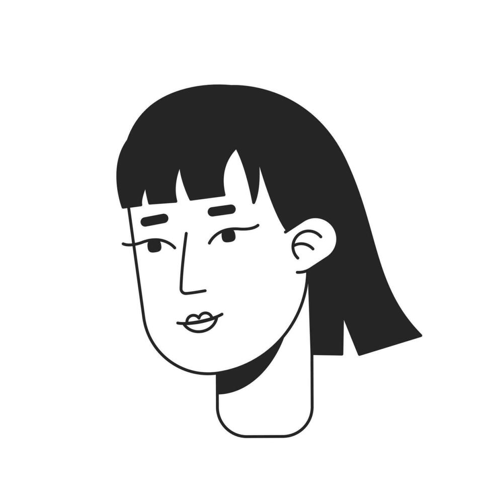 Friendly young woman with medium length haircut monochrome flat linear character head. Editable outline hand drawn human face icon. 2D cartoon spot vector avatar illustration for animation