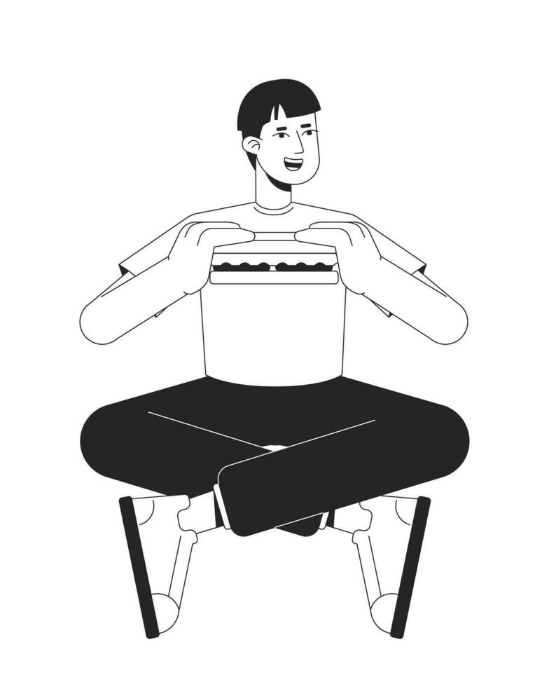 Guy eating sandwich in legs crossed posture flat line black white vector character. Editable outline full body person. Meal break simple cartoon isolated spot illustration for web graphic design