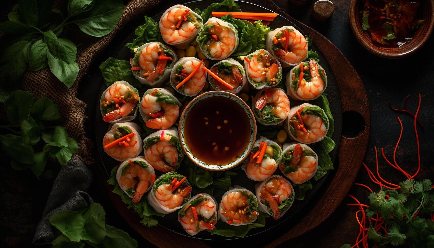 Grilled seafood and meat on a rustic wooden table generated by AI photo