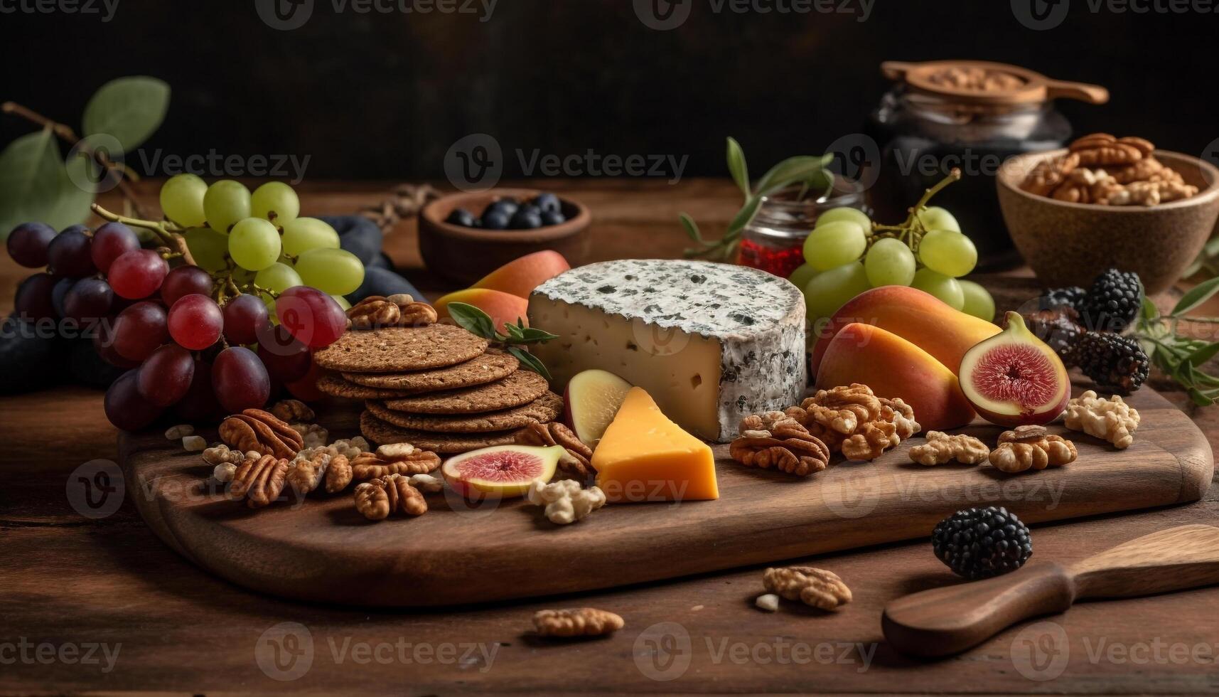 Variety of gourmet cheese, fruit, and nuts on rustic tray generated by AI photo