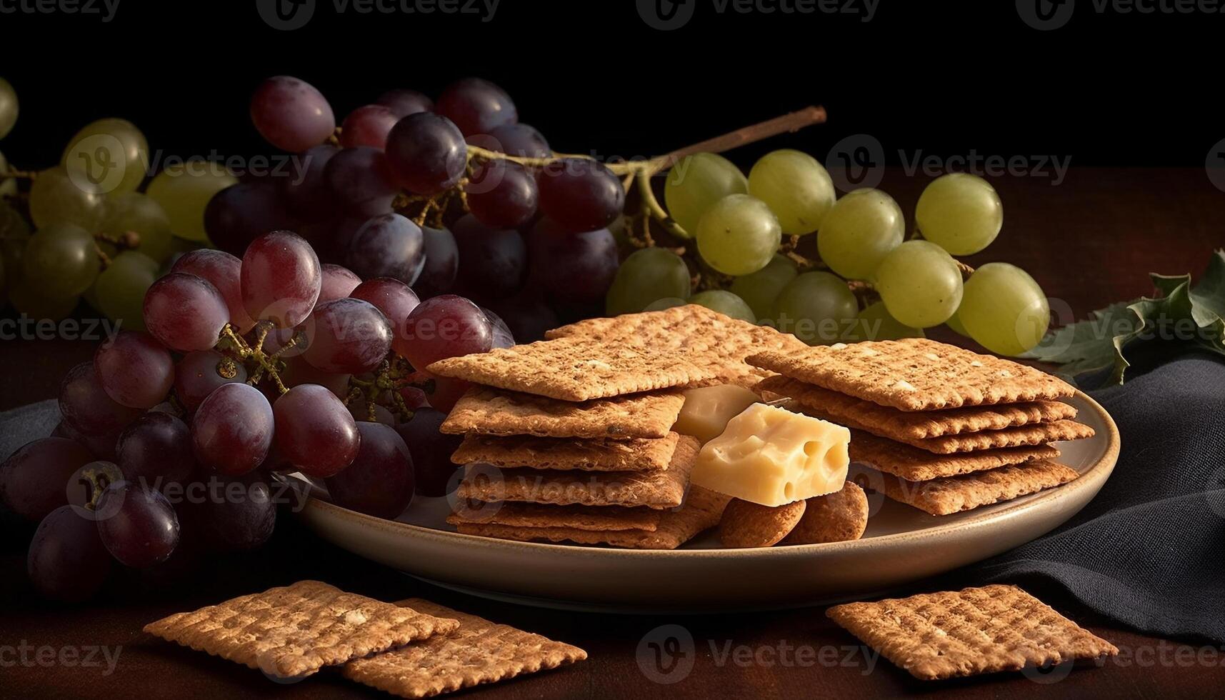 Fresco gastrónomo bocadillo un variación de fruta, pan, y queso generado por ai foto