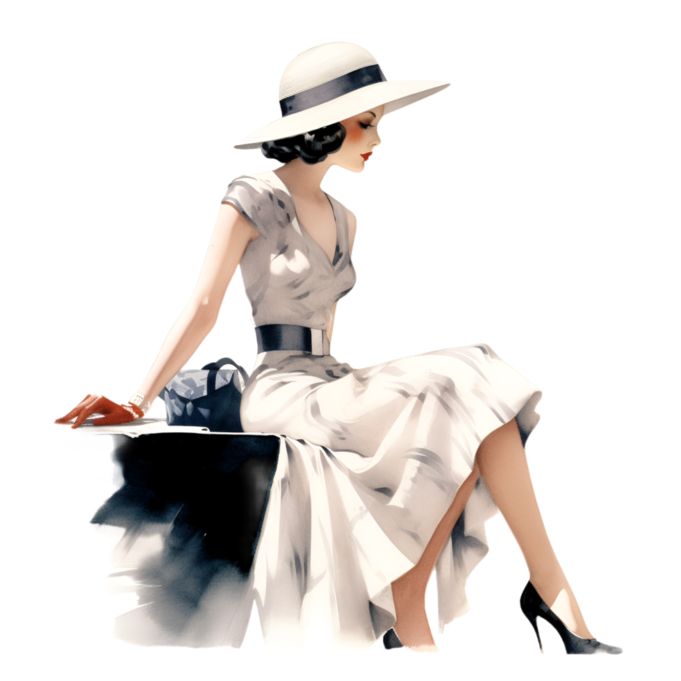 Vintage Fashion Illustration Model Watercolor AI Generated Clipart png
