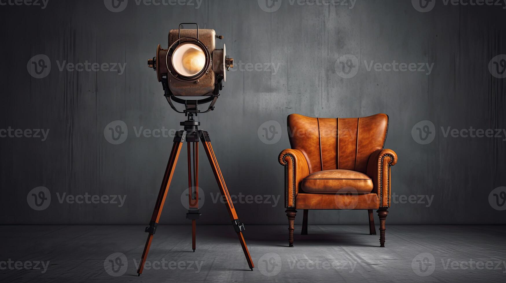 Vintage armchair in loft with tripod lamp. photo
