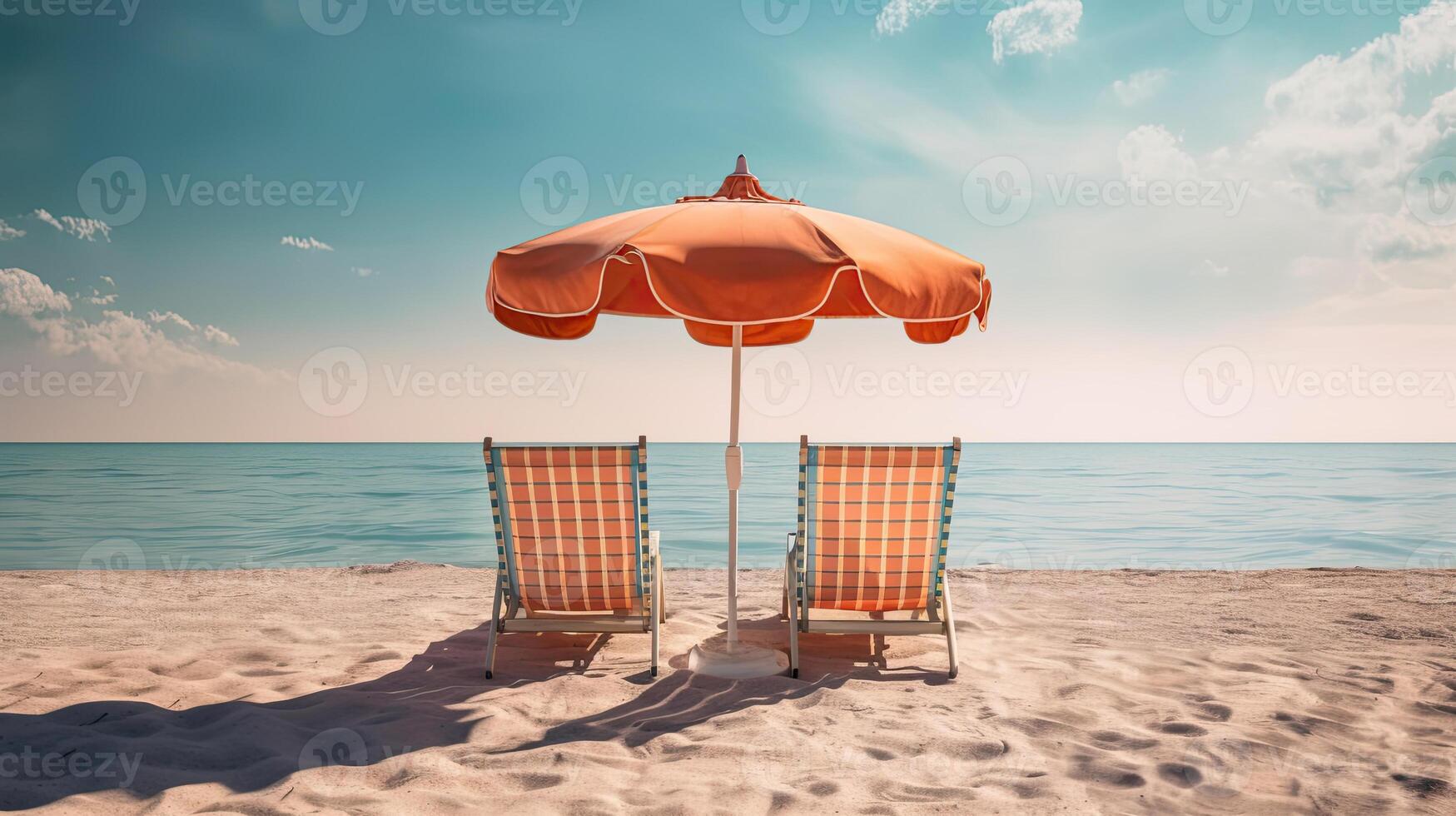 Two lounge chairs with sun umbrella. photo