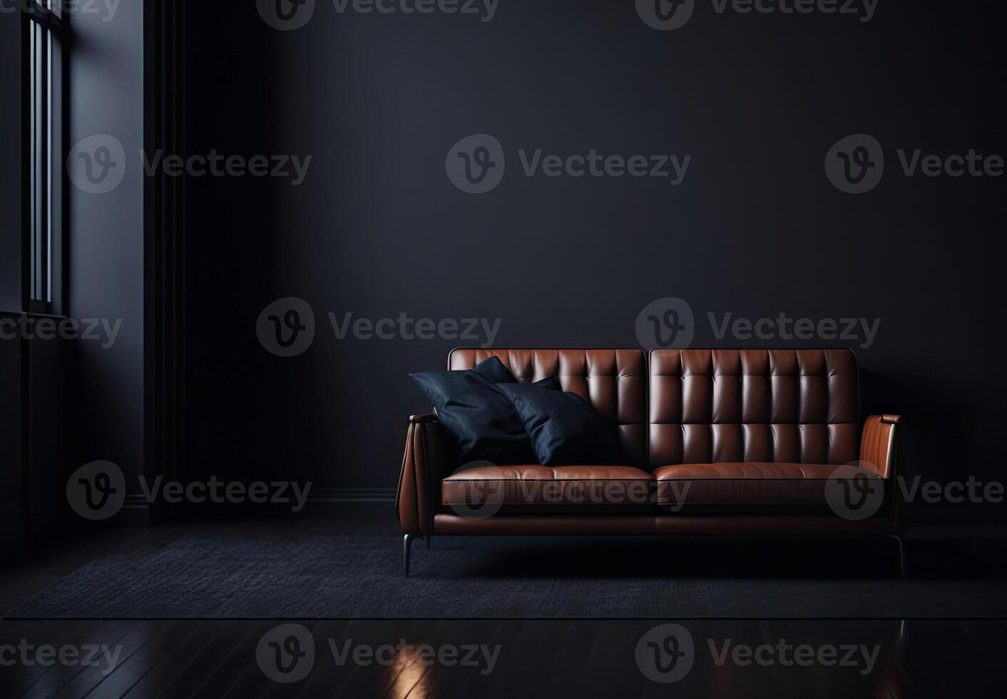 marrón sofá en vacío oscuro interior. generativo ai foto