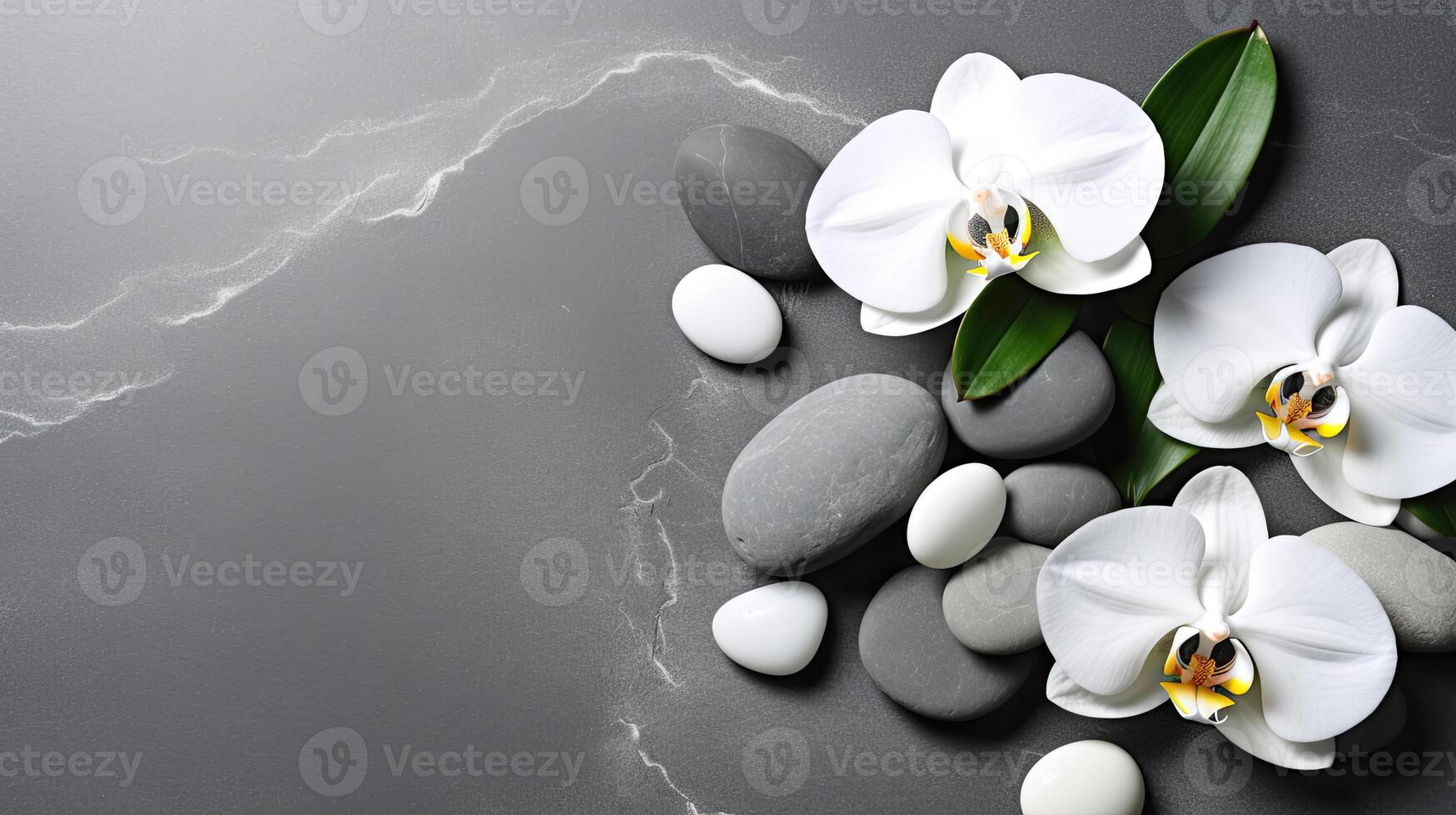 spa stones, orchid flower on grey background. photo