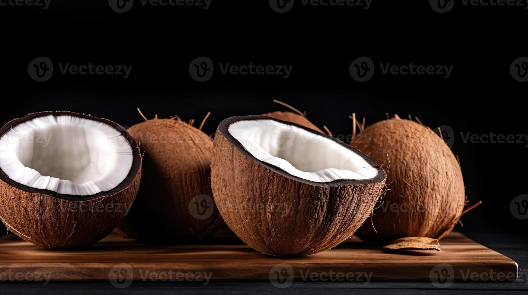 coconut pieces on a wooden table. photo