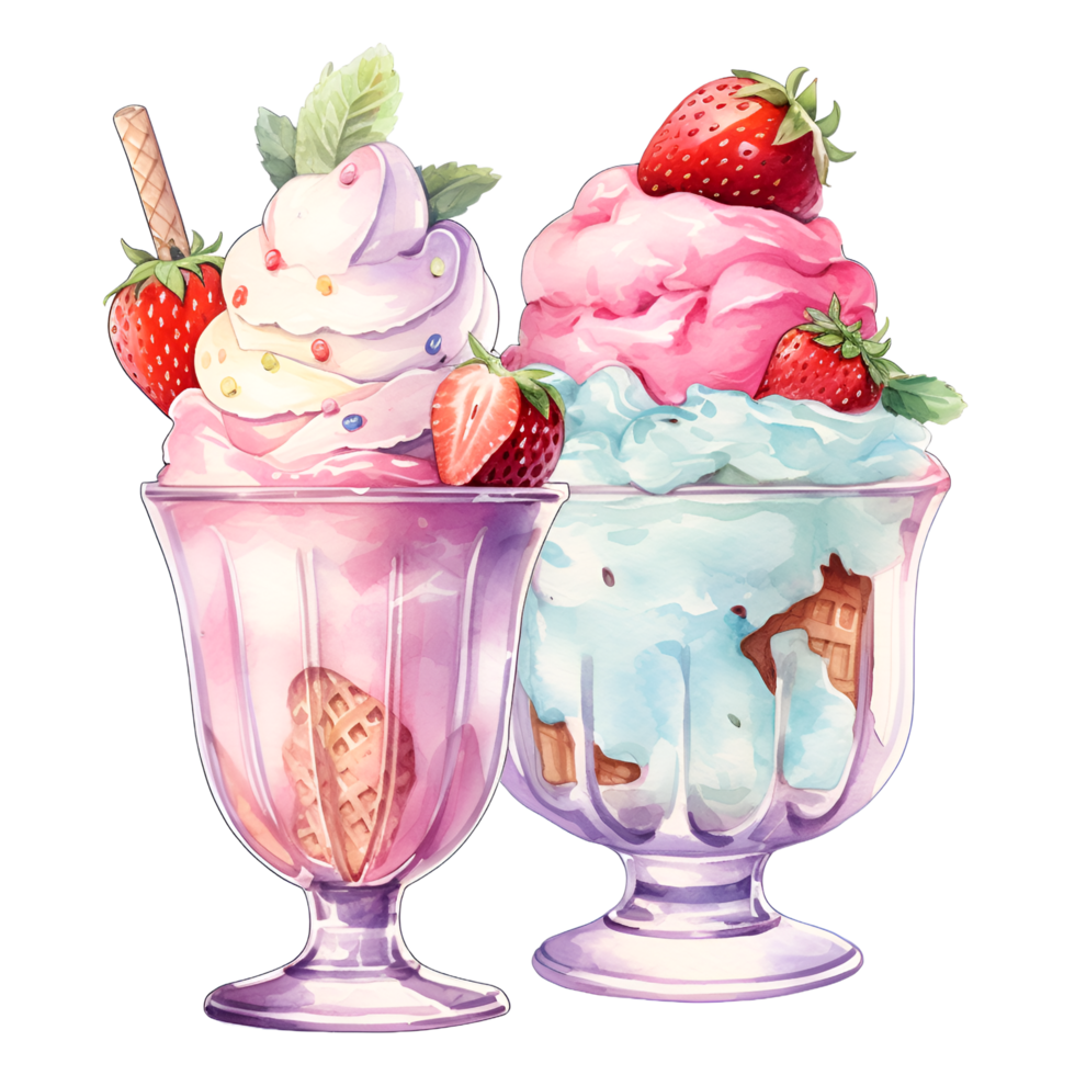 ghiaccio crema coppa di gelato guarnita acquerello clipart ai generato png