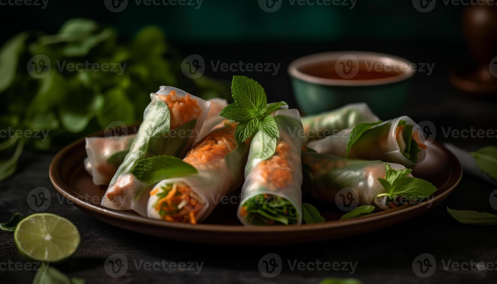 Fresh spring rolls with vegetables and seafood on wooden plate generated by AI photo