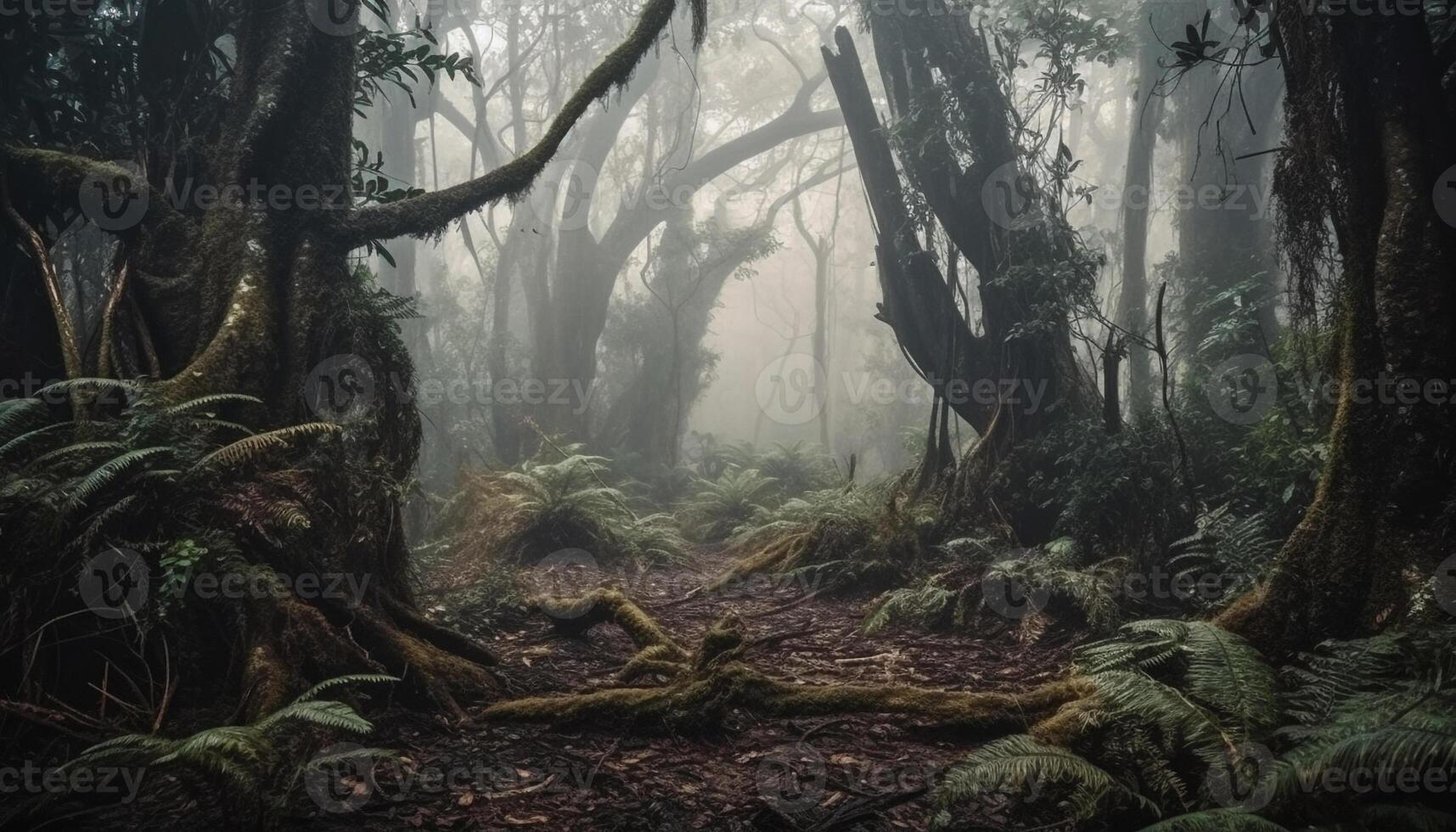 Mystery forest dark, spooky, tranquil, beauty in nature, wilderness adventure generated by AI photo