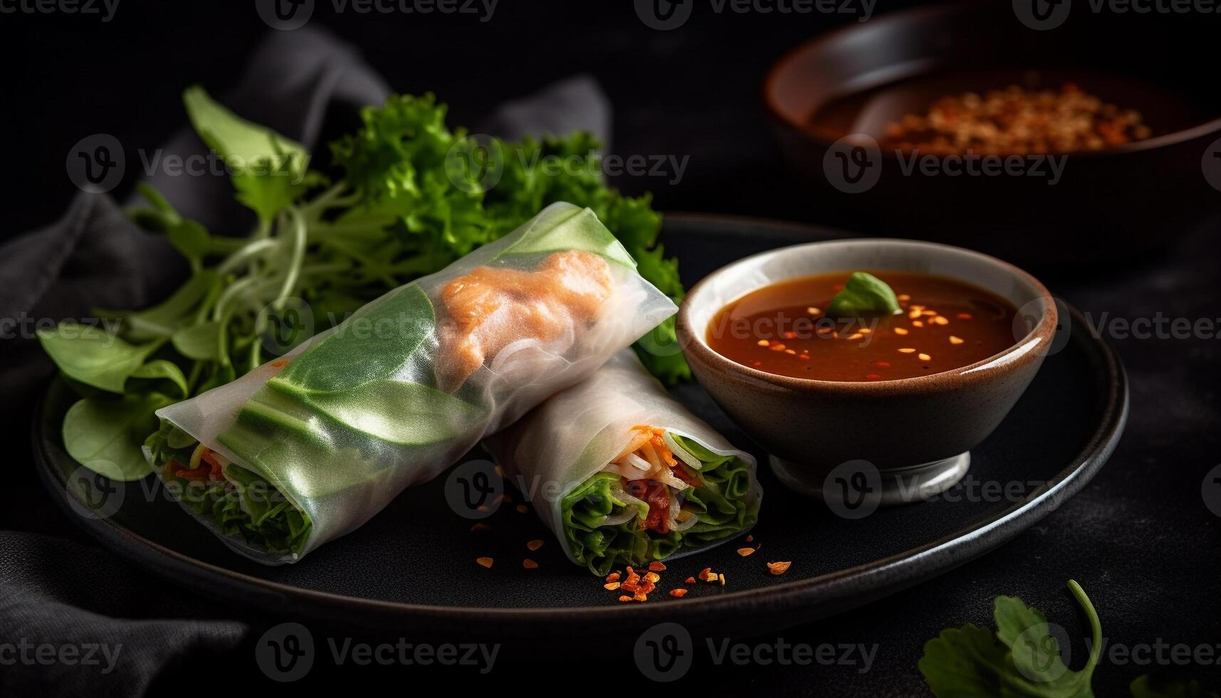 Fresh spring roll appetizer with vegetables and savory sauce wrapped up generated by AI photo