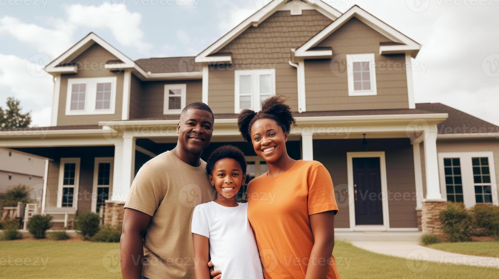 Happy African American Young Family Proudly Standing In Front of Their New House - . photo