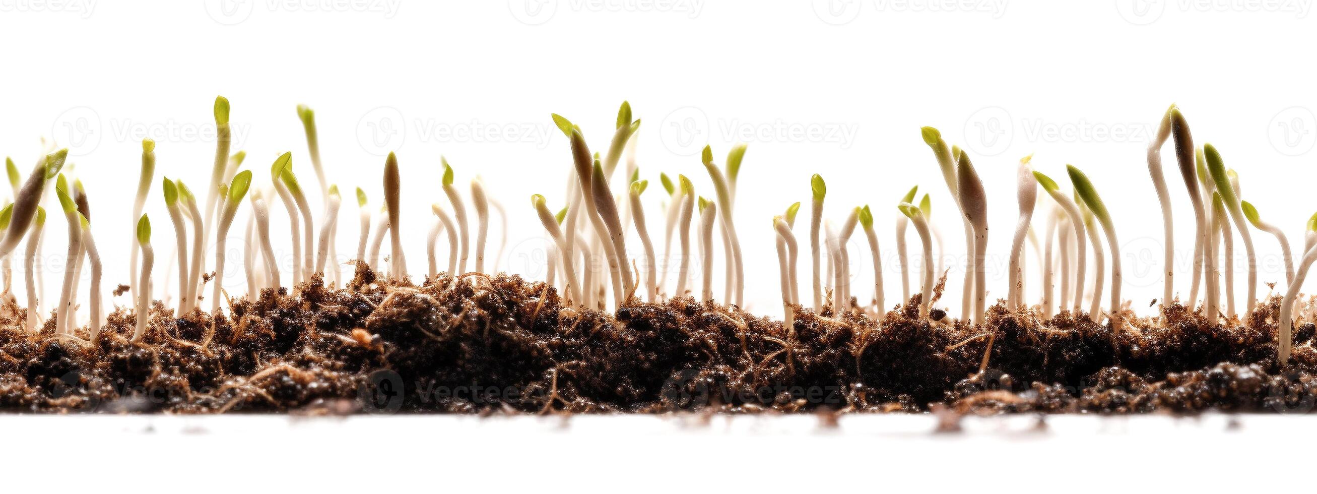 Seamless Tileable Cross Section Row of Budding Sprouts of New Growth Out of Soil on a White Background - . Seamlessly expandable on both ends to your desired length. photo