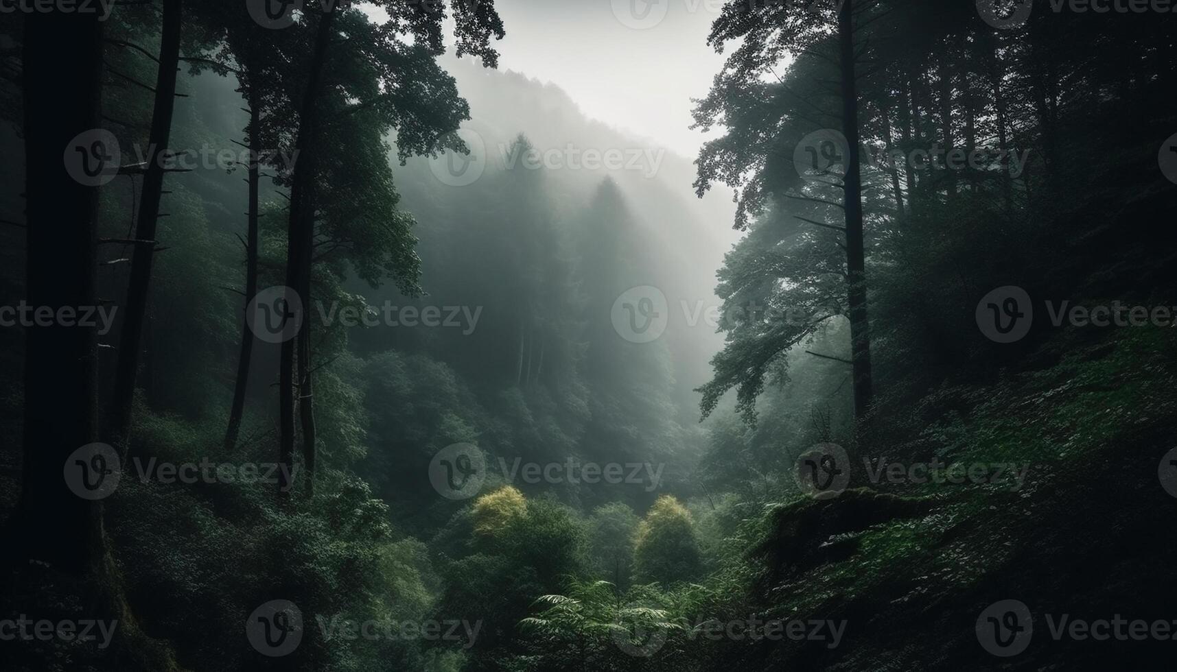 tranquilo escena de brumoso bosque, misterio en oscuro otoño belleza generado por ai foto