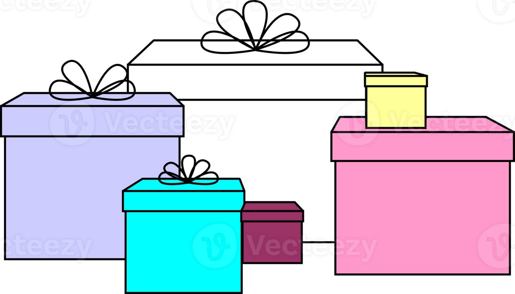 simple graphic drawing of multicolored gift boxes with black outline in different sizes, isolated element, decor png