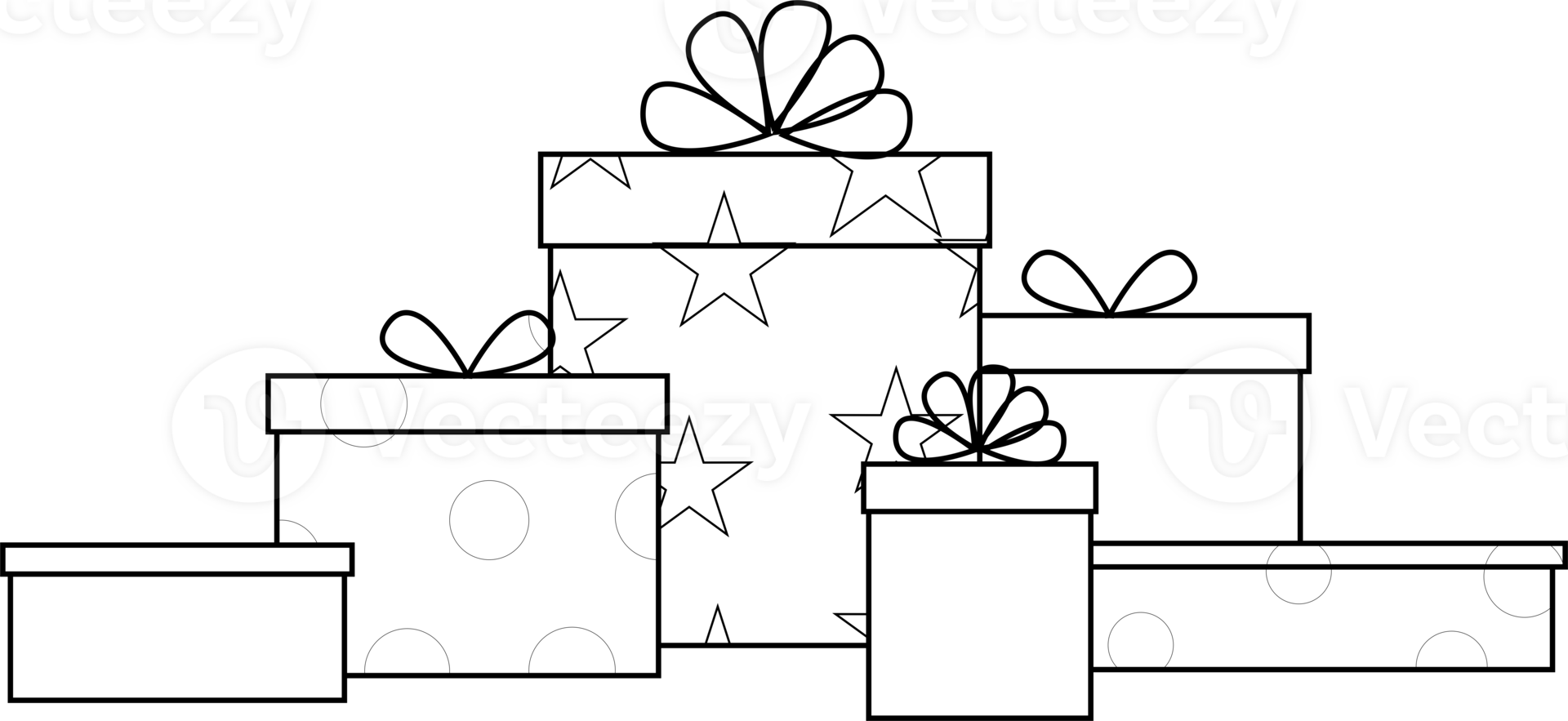 black and white graphic simple drawing of gift boxes of different sizes, isolated element, decor png