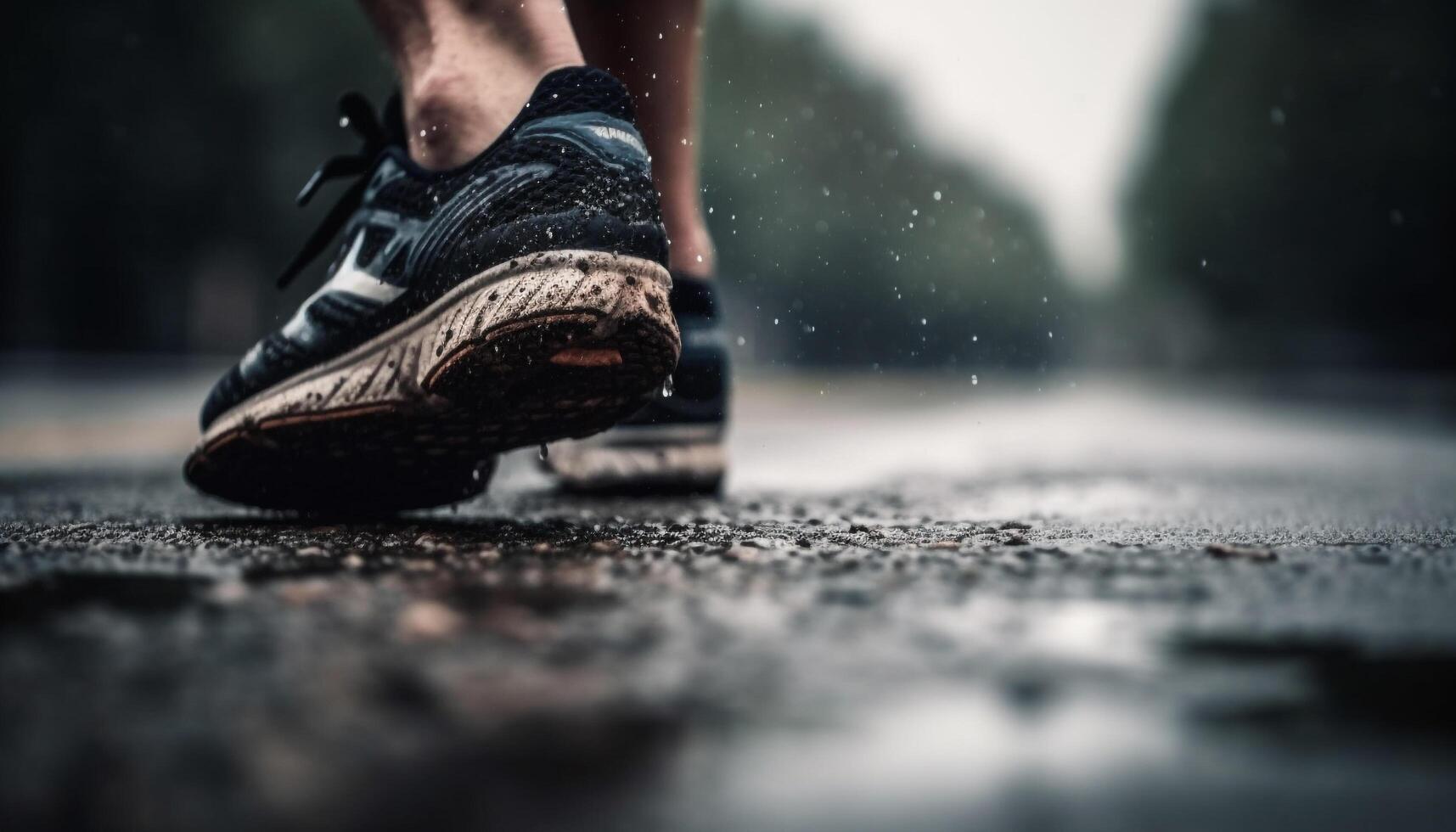 Muscular athlete running in the rain with sports shoes on generated by AI photo