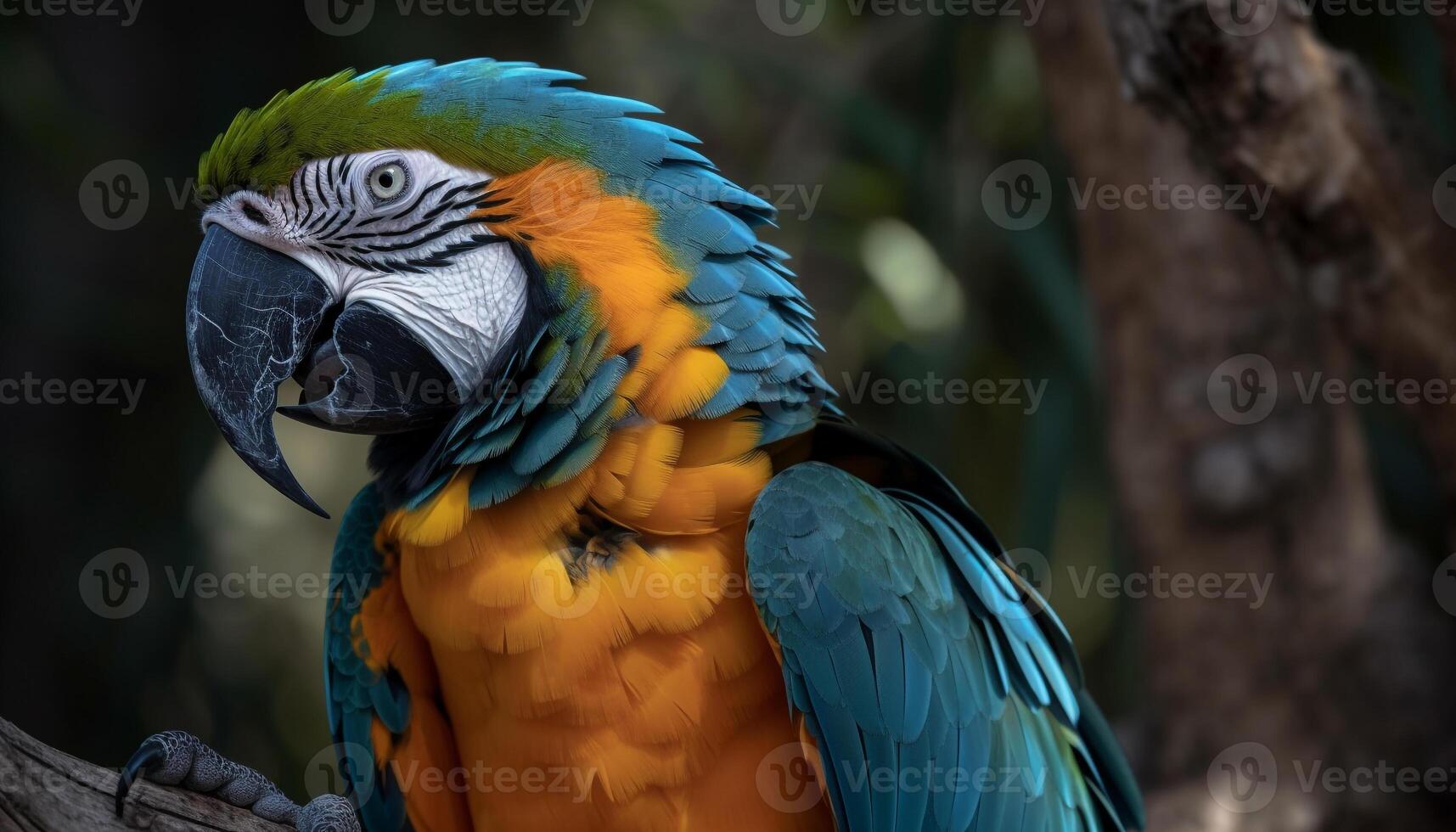 Multi colored macaw perching on branch in vibrant tropical rainforest generated by AI photo