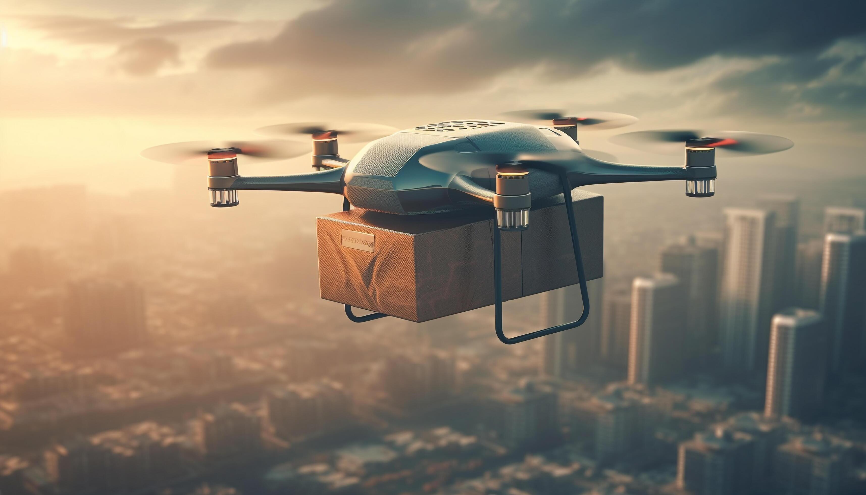Futuristic drone delivering packages in a digitally generated cityscape