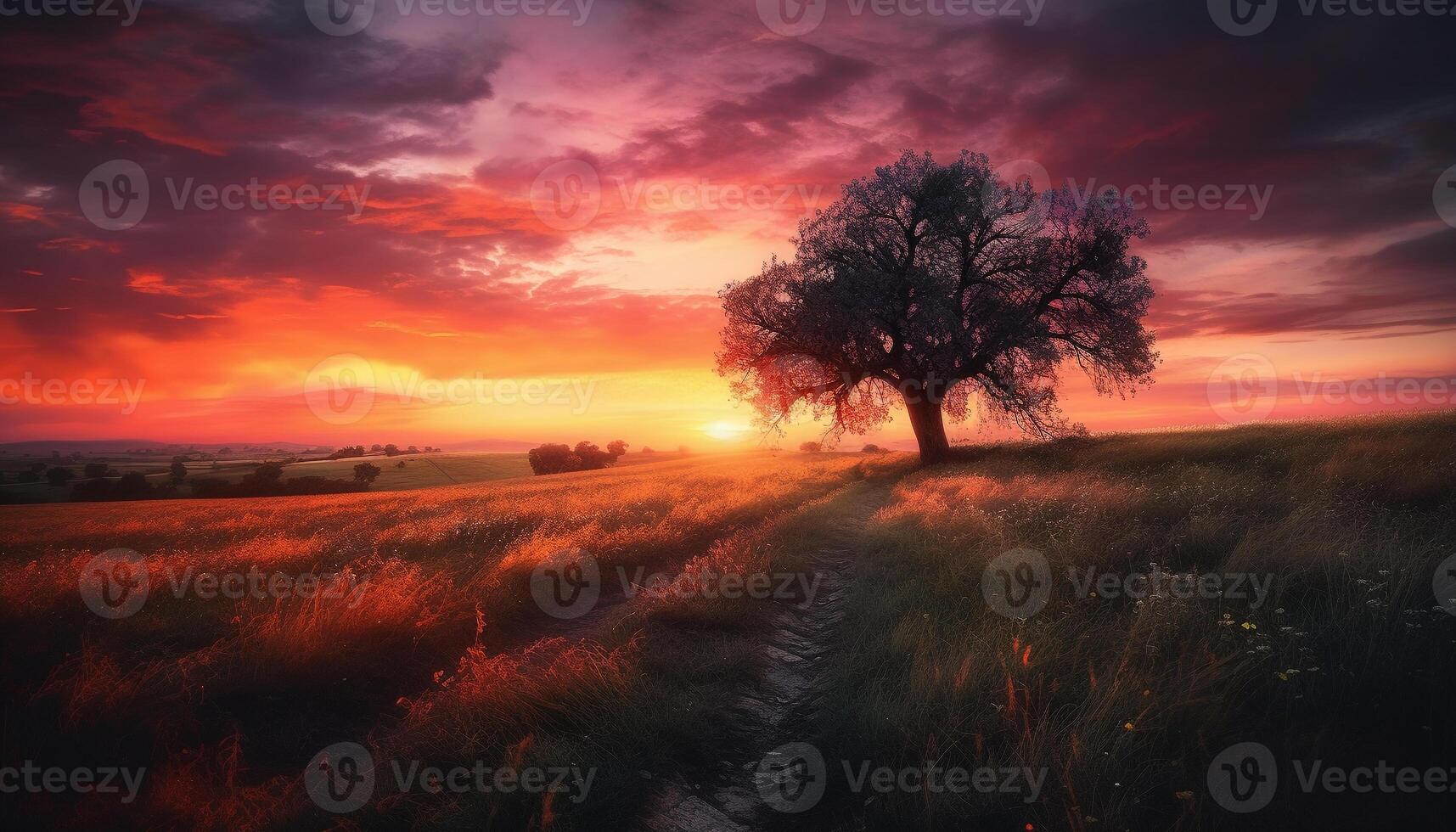 Sunset over rural landscape, tranquil meadow, nature beauty in season generated by AI photo