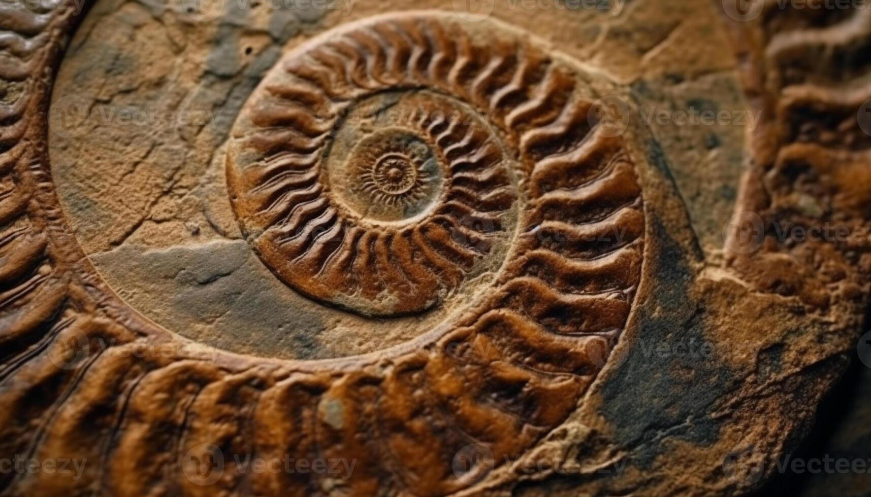 Ancient ammonite fossil, extinct animal shell, spiral pattern discovery generated by AI photo