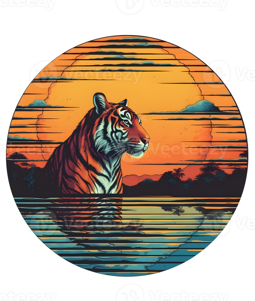 retro puesta de sol gráfico impresión con tigre, estar fuera con un único impresión png