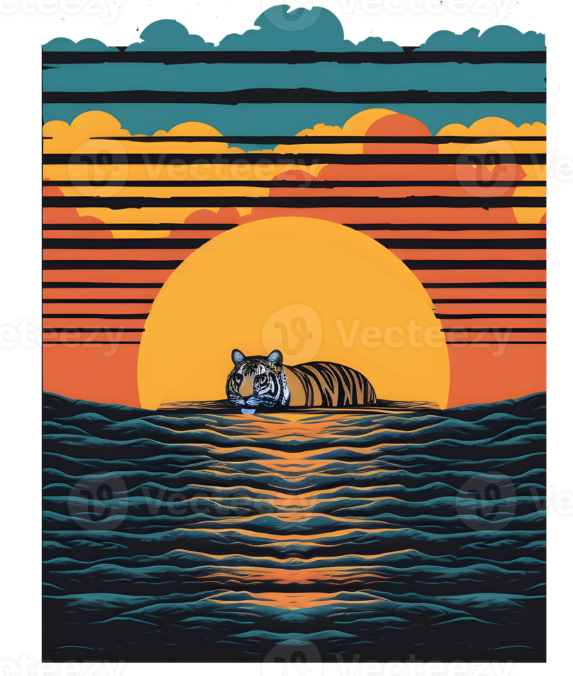 retro zonsondergang grafisch afdrukken met tijger, staan uit met een uniek afdrukken png