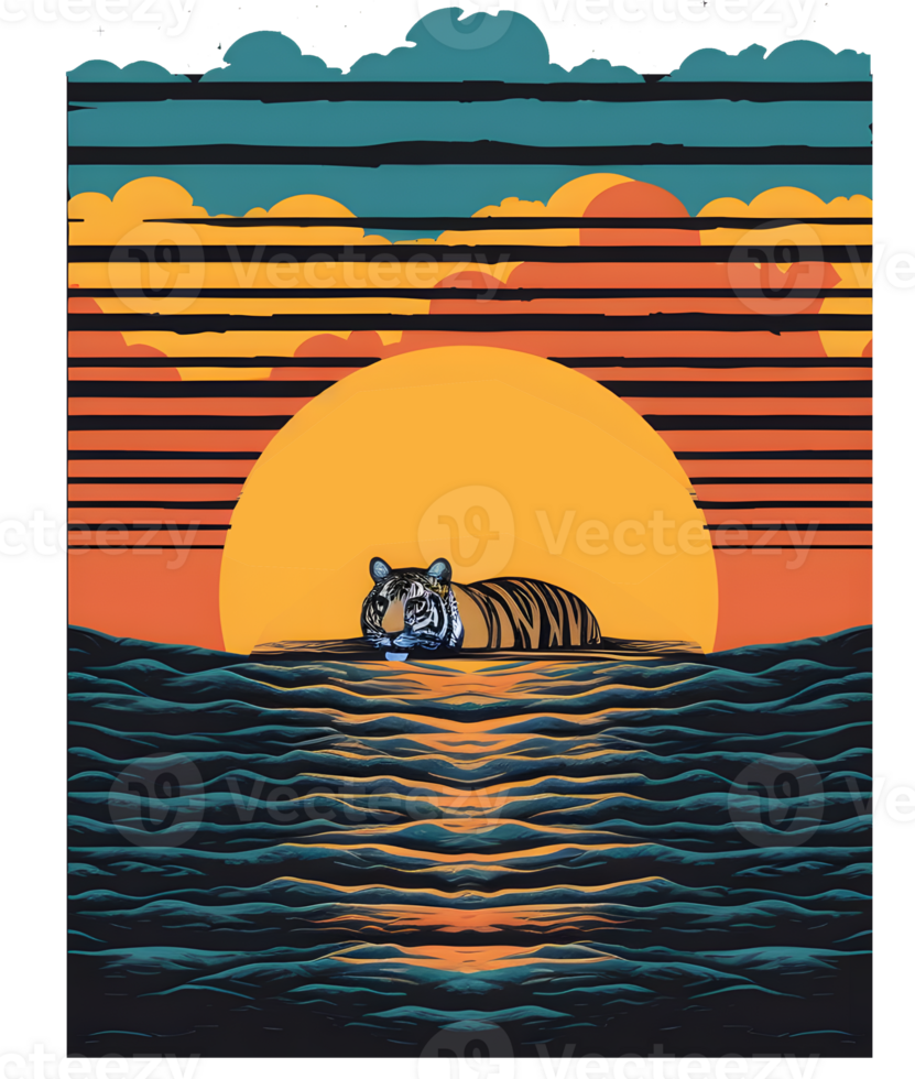 Retro Sunset Graphic Print with Tiger, Stand Out with a Unique Print png