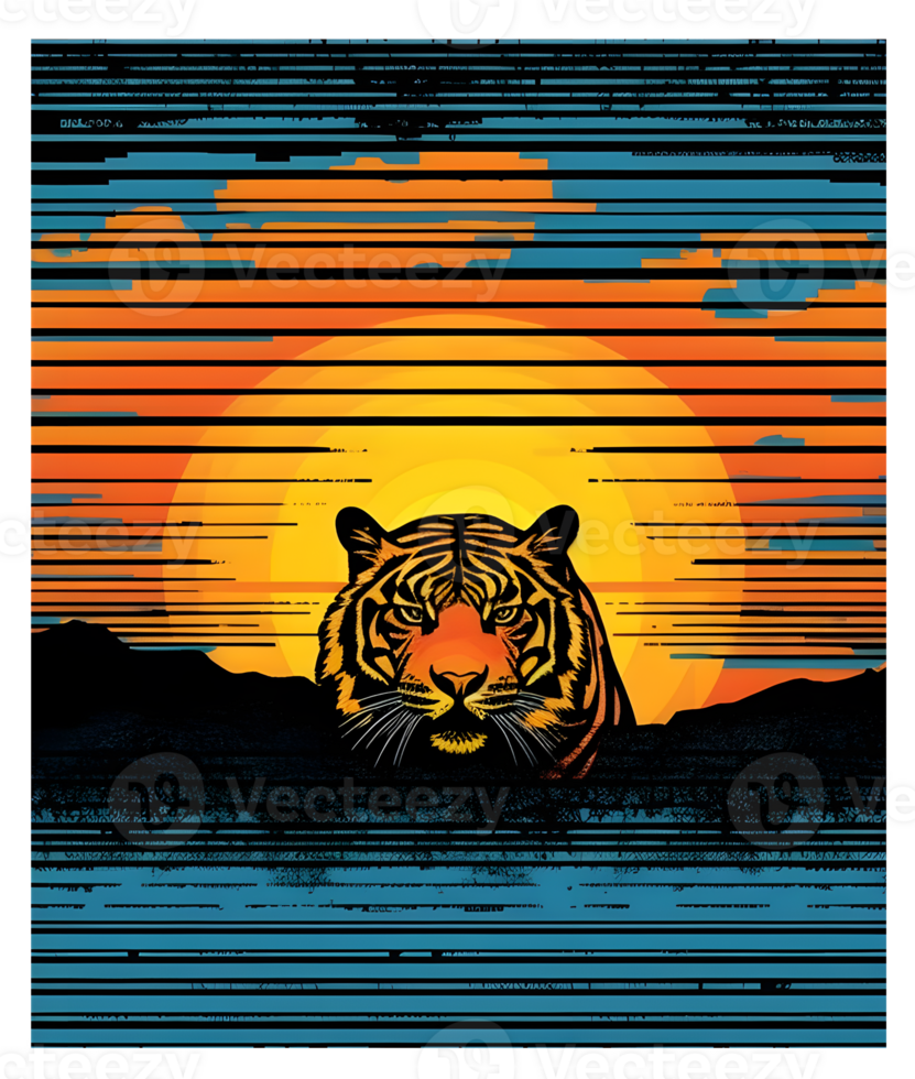 retrò tramonto grafico Stampa con tigre, In piedi su con un' unico Stampa png