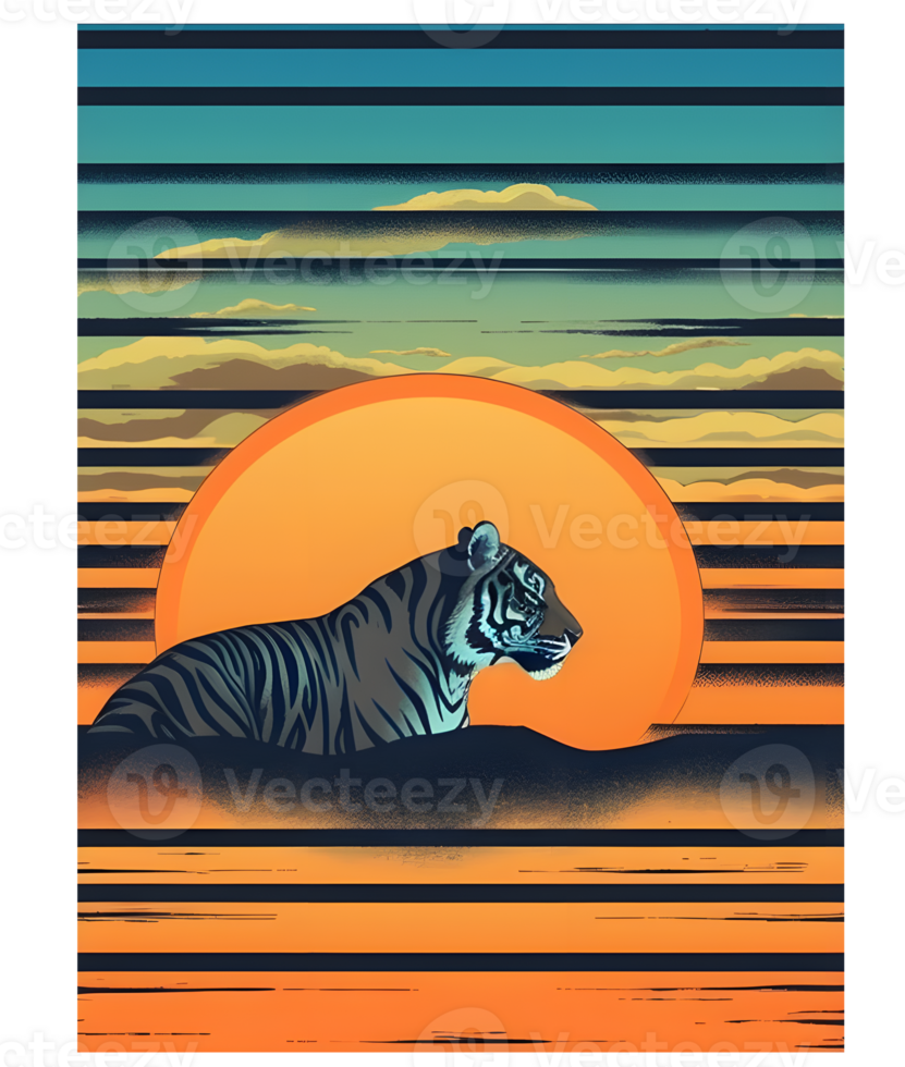 rétro le coucher du soleil graphique impression avec tigre, supporter en dehors avec une unique impression png