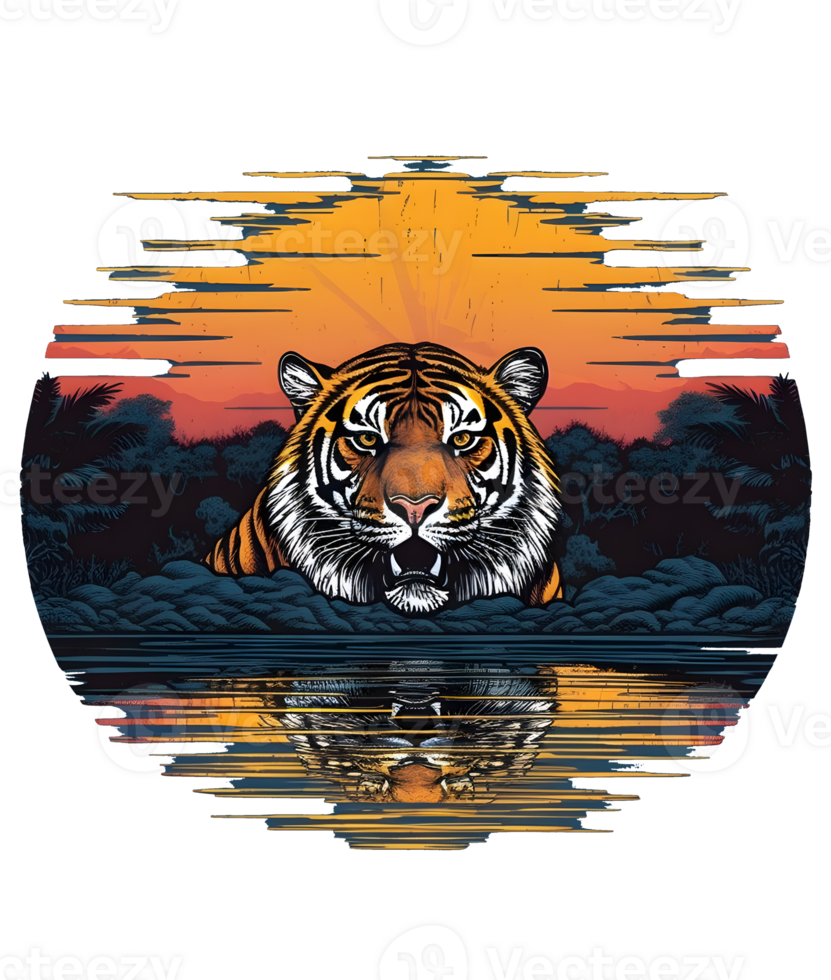 Retro Sunset Graphic Print with Tiger, Stand Out with a Unique Print png