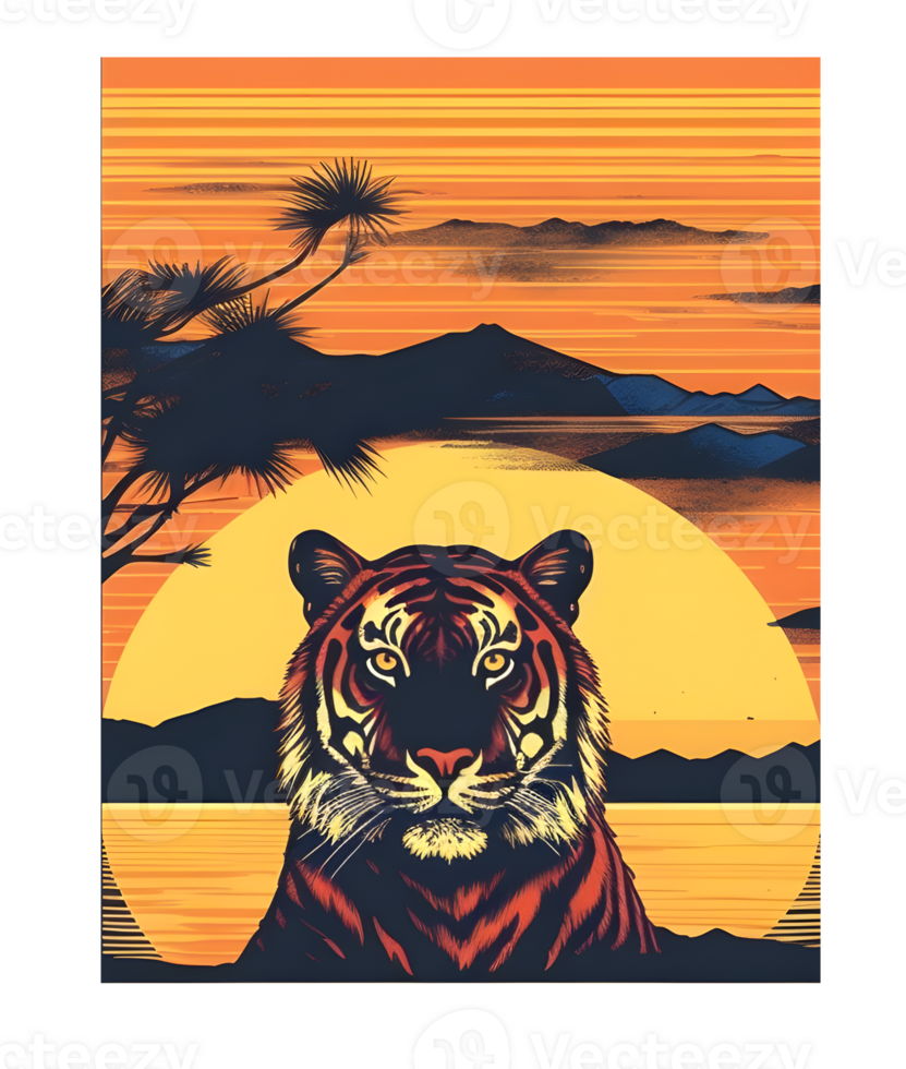 Retro Sunset Graphic Print with Tiger, Stand Out with a Unique Print png