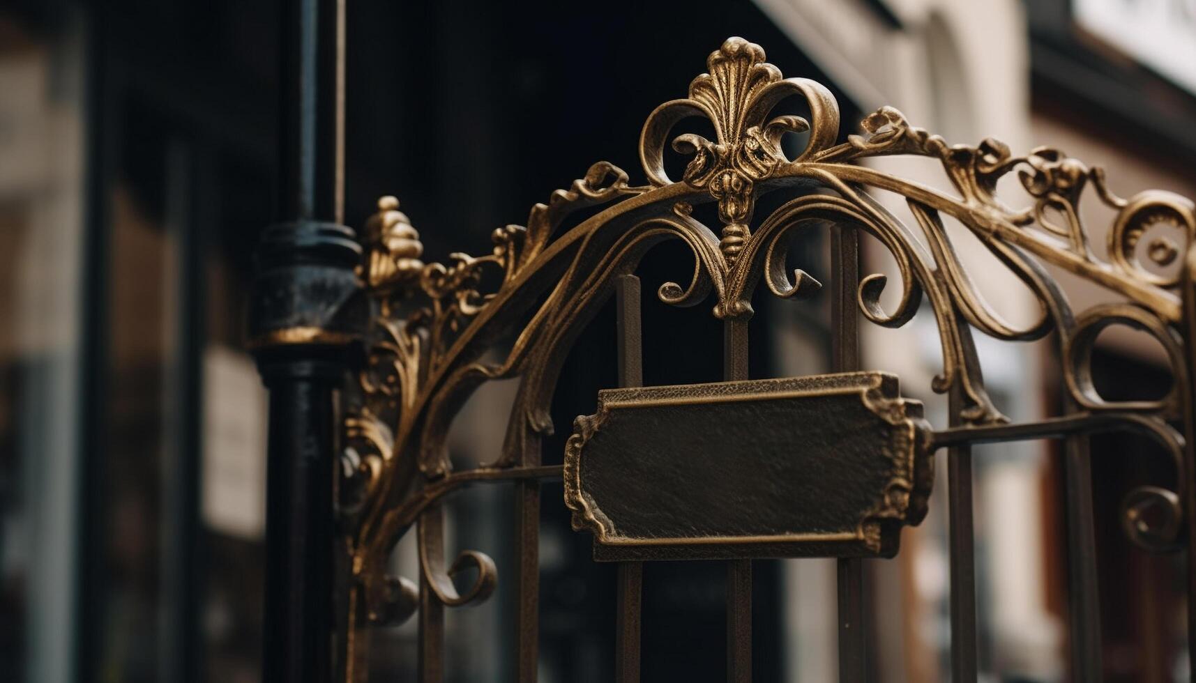 Ornate gold colored metal crown hangs on old fashioned wooden door generated by AI photo