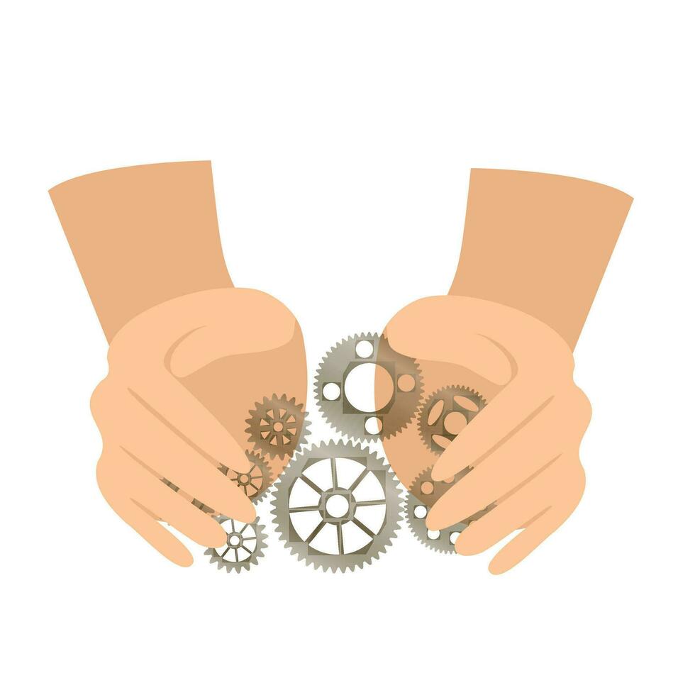 People hands hold gears. Business start up concept. vector