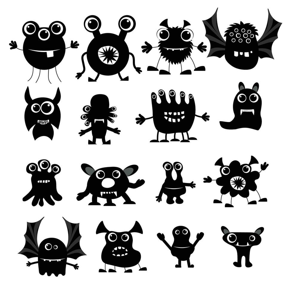 colección de dibujos animados gracioso Víspera de Todos los Santos monstruos siluetas vector