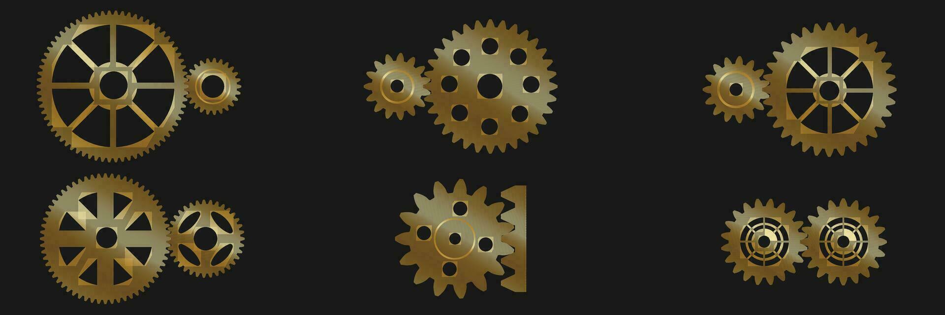 Gears icons collection, cogwheel group. For app settings button, web settings button. Golden isolated gears on dark background. Vector illustration.