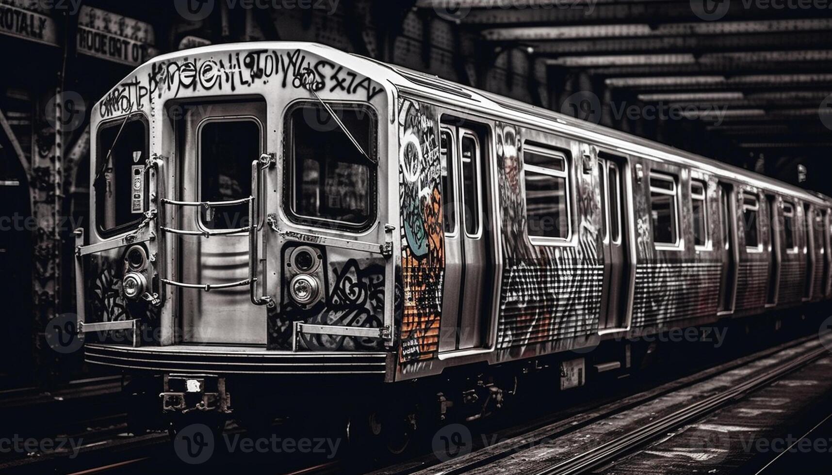 Old fashioned locomotive on railroad track in black and white generated by AI photo